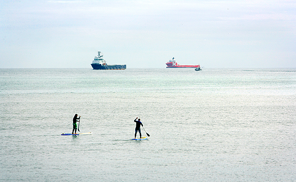 Oil rig support vessels wait offshore before coming into port. (Photo: Paul Tomkins)