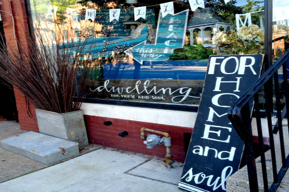 Dwelling, which sells handmade signs made of recycled barn wood, is one of many unique shops located in the 300 block of North Queen Street in downtown Lancaster (Photo: Wendy Fontaine)