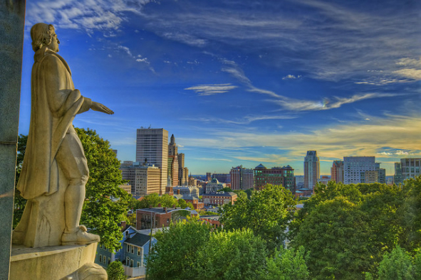 A statue of Rhode Island's founder, Roger Williams, overlooking Providence (Photo: cmfgu via Flickr)