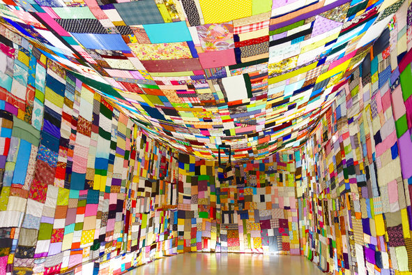  Htein Lin’s colorful quilt piece “Monument to My Mother” (Photo: Yavuz Gallery)