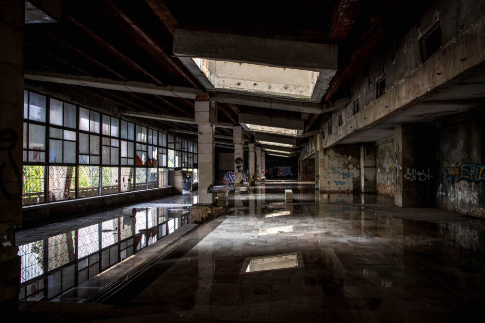 Inside the Red Banner Swimming Complex Modernist building in Sofia