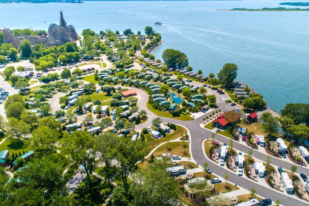 An arial view captures the beauty of camping and Cedar Point on the shore of Lake Erie.