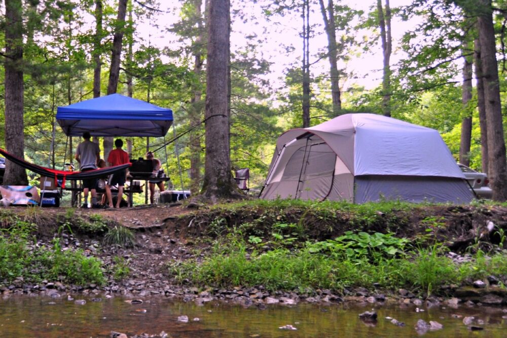 Tent campsite by the river in Virginia