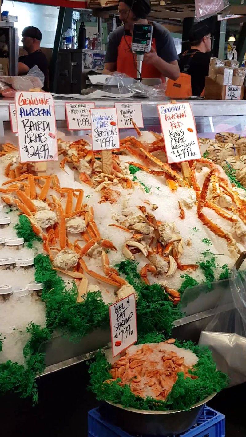 Salmon, Crab, And Other Seafood On Ice