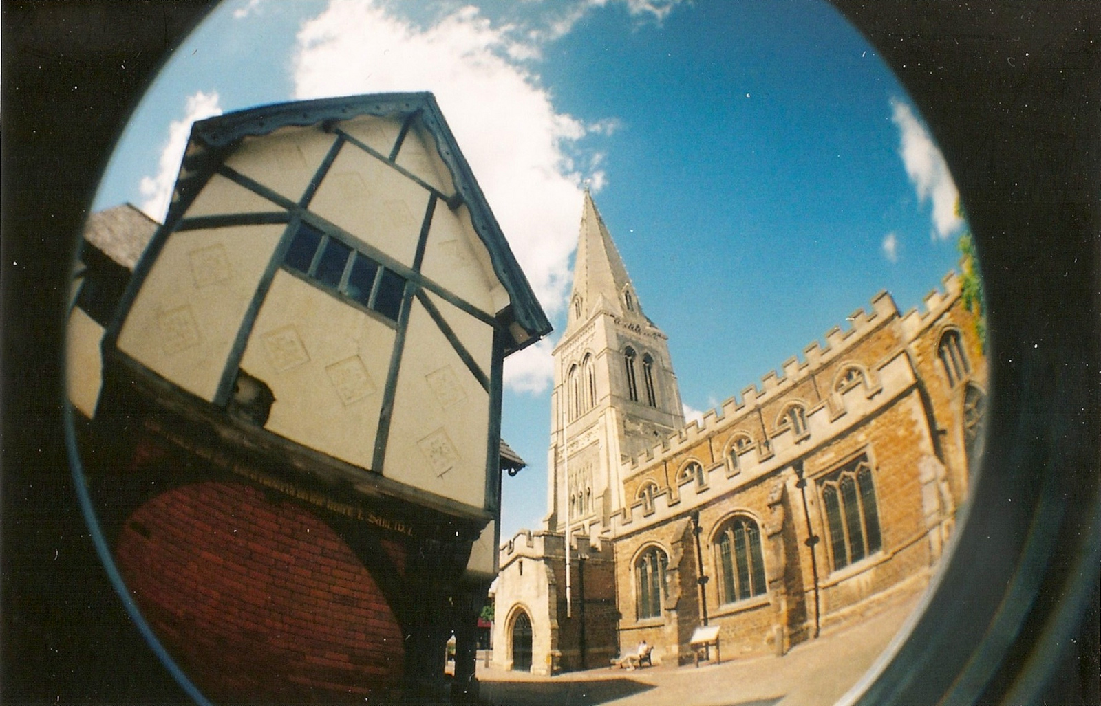 A fisheye view of the the old Grammar School and St Dionysus Church in Market Harborough