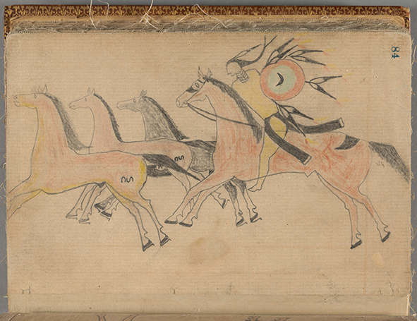 Ledger drawing by unknown Indian warrior, probably Lakota, ca. 1865. Details from Half Moon ledger book. Houghton Library, Harvard University. Gift of Harriet J. Bradbury, 1930. (Photo: President and Fellows of Harvard College)