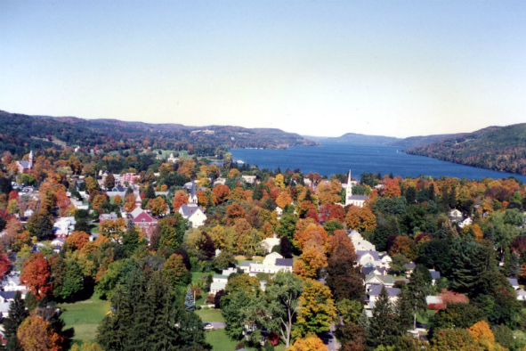 A view of Cooperstown dressed in fall colors, hugging the tip of Otsego Lake (Photo: mpburrows via Flickr)
