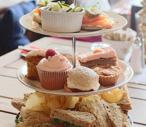 A multi-tiered afternoon tea cake stand at the Pig and the Butterfly Tearooms (Photo: Courtesy of the Pig and the Butterfly)