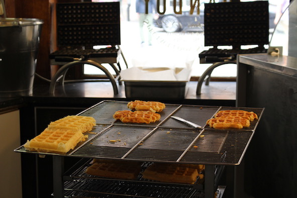 Brussels and Liege waffles at Maison Dandoy, photo by Tracy Kaler.