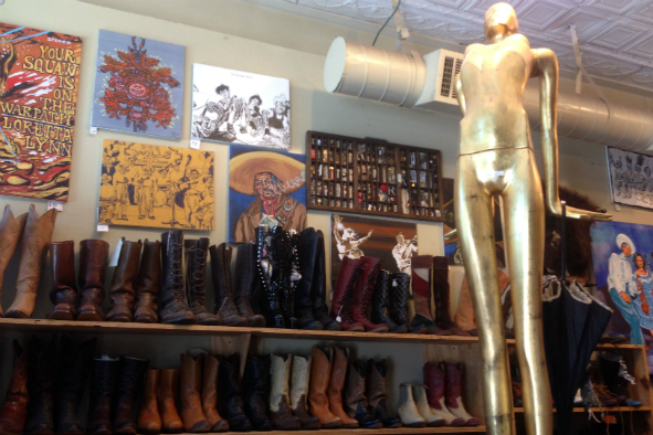 Vintage cowboy and combat boots at Dolly Python (Photo: Jennifer Nicole Sullivan)