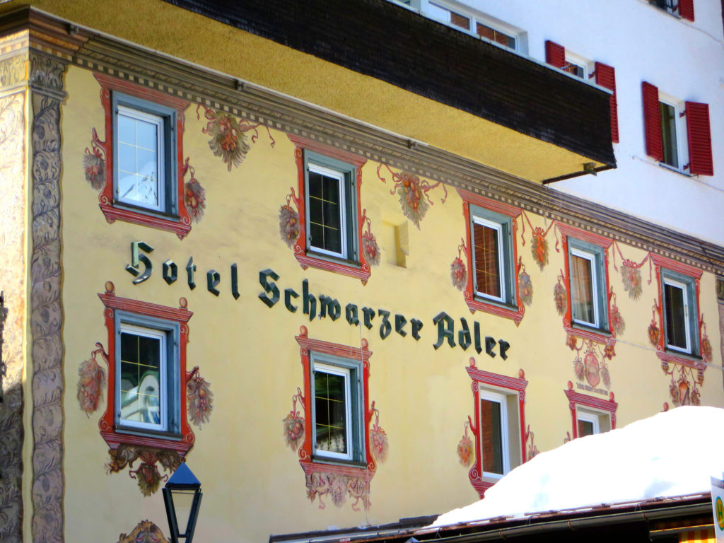 hotel schwarzer adler, austrian fresco, dorfstrasse, skiing in st anton