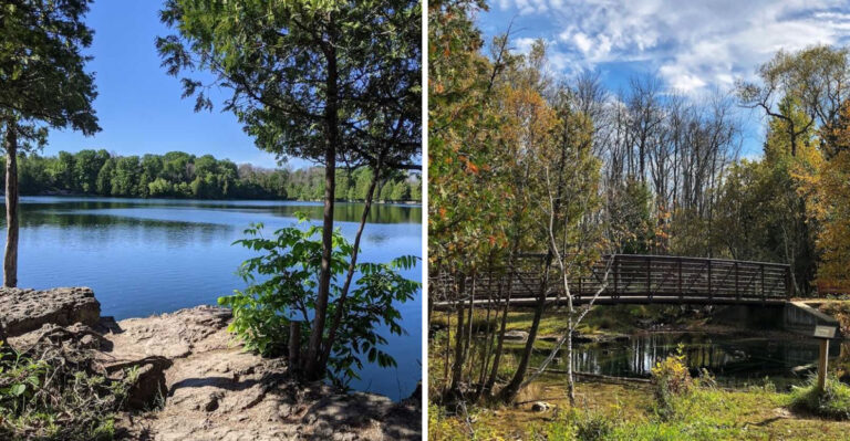 This Wisconsin Stone Quarry Has Nearly 50-Foot Deep Blue Water Surrounded By Forest.