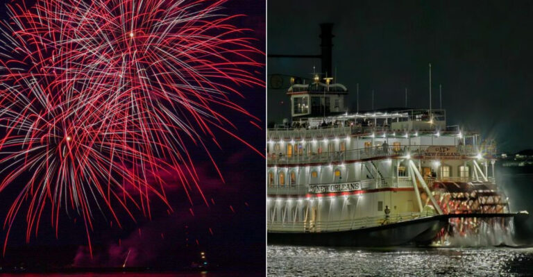 This New Orleans Paddlewheeler Serves A 4th Of July Buffet While Fireworks Burst Over The Mississippi In Louisiana