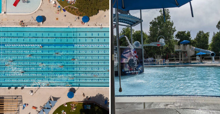 Colorado Swimmers Wait Their Turn To Conquer The Climbing Wall At This Outdoor Pool