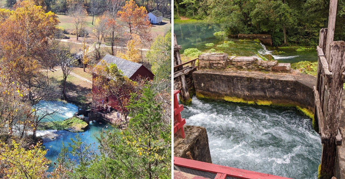 This Missouri Spring Pours Out Beside A Red Mill And Fall Color Frames The Whole Scene